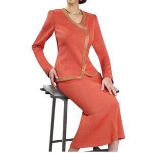 Donna Vinci Knits Two Piece Asymmetrical Jacket Skirt Set Gold Trim Size 14